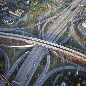 Aerial view of an interstate exit system.