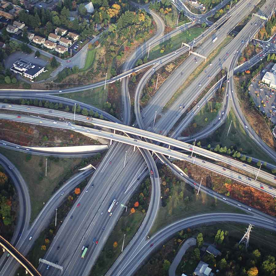 Aerial view of an interstate exit system.