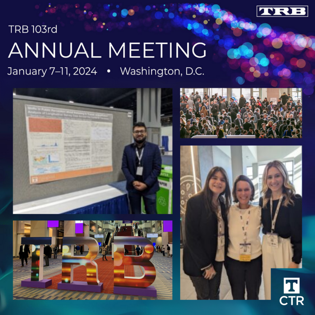 Photos of the TRB annual meeting sign and crowd, and the UTK CEE presenters together and with their work.