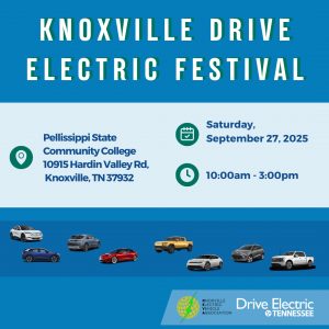 Blue background with event title and information also included in article with pictures of EVs