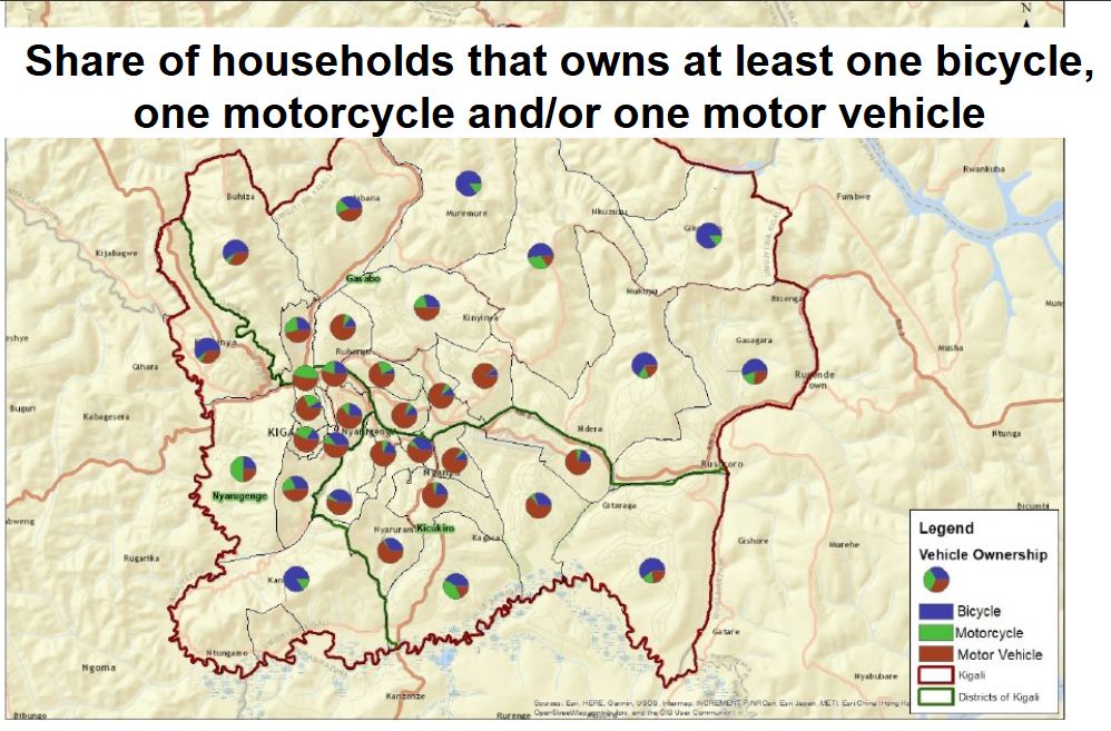 Map that shows that in the city people have cars, but in rural areas they rely on bicycles.
